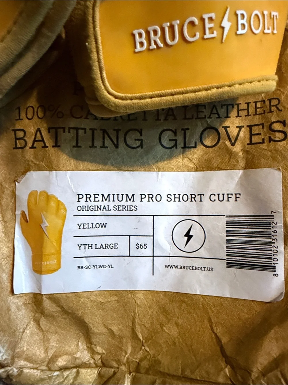 Bruce/Bolt Kids Yellow Batting Gloves - Short Cuff
